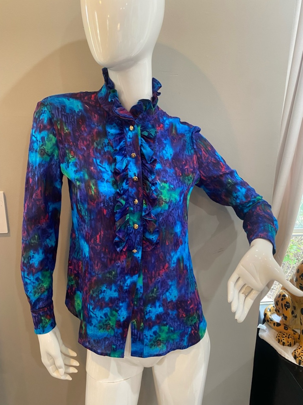 St. John Blue Silk Jewel Toned Ruffle-Front Long Sleeve Blouse EUC 2